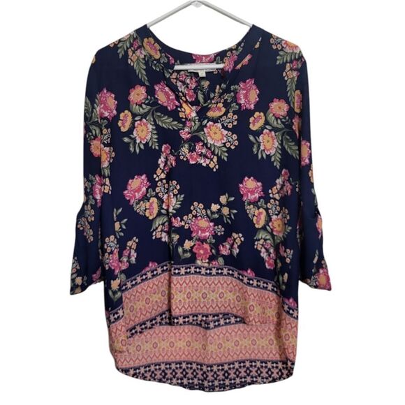 Pink Rose Blue Pink Mix Print Very Hi-Lo Blouse, Size XL - Picture 1 of 9